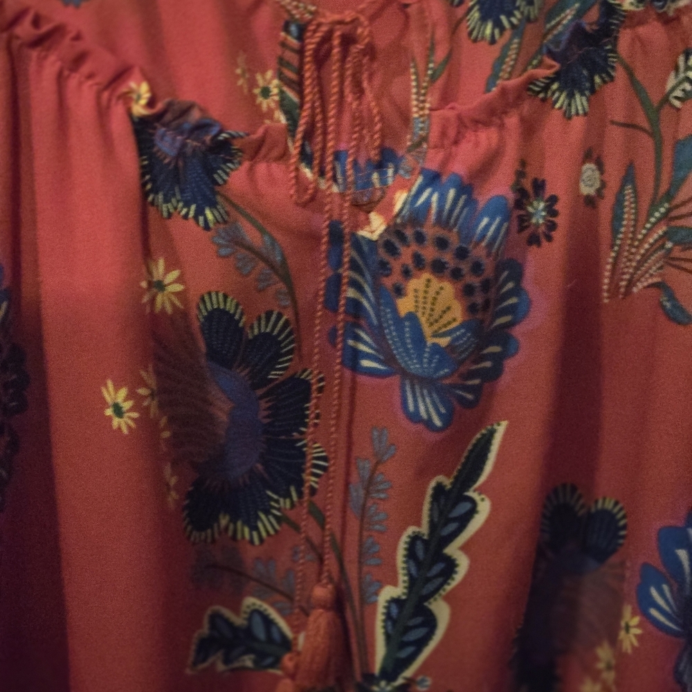 Zac & Rachel Womens L Red Floral Peasant Blouse Tie Neck Boho Flowy Tunic Top - Picture 3 of 13
